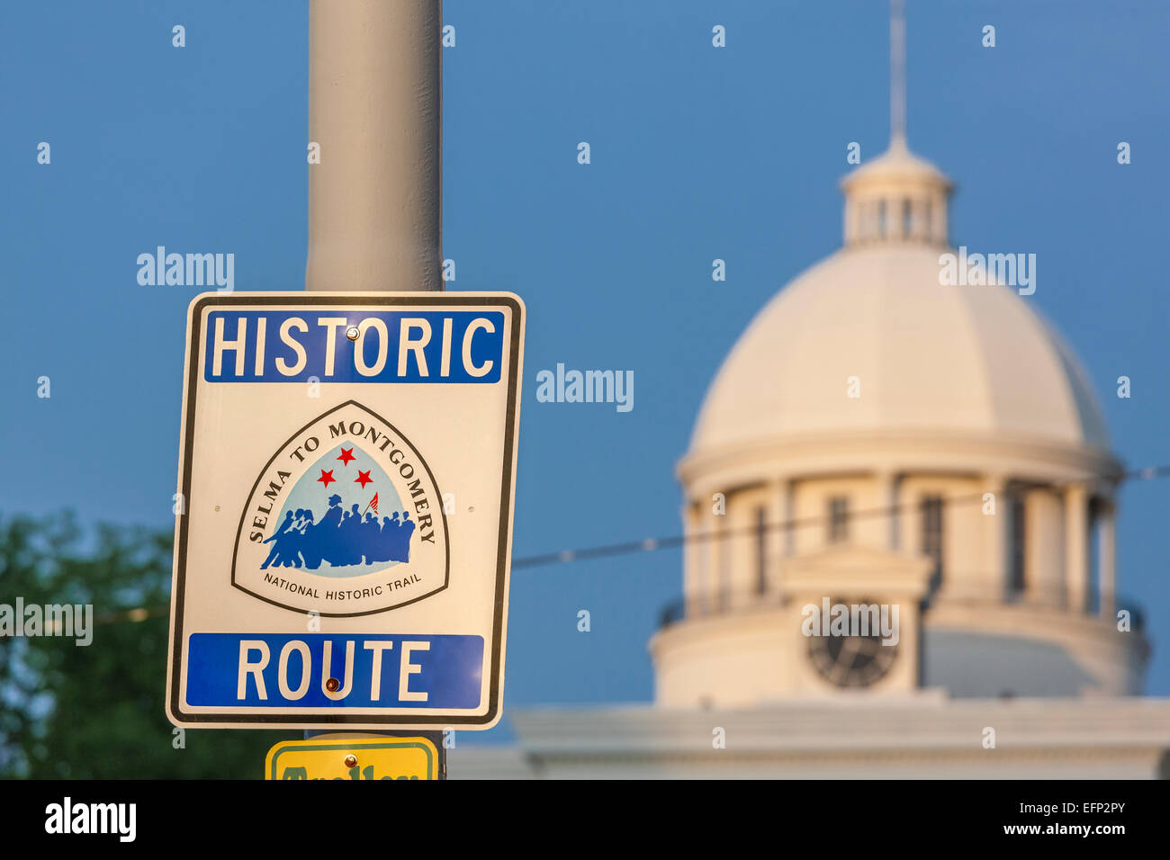 Sign Selma to Montgomery National Historic Route in front of Montgomery Alabama State Capitol, end of famous Civil Rights march. Stock Photo