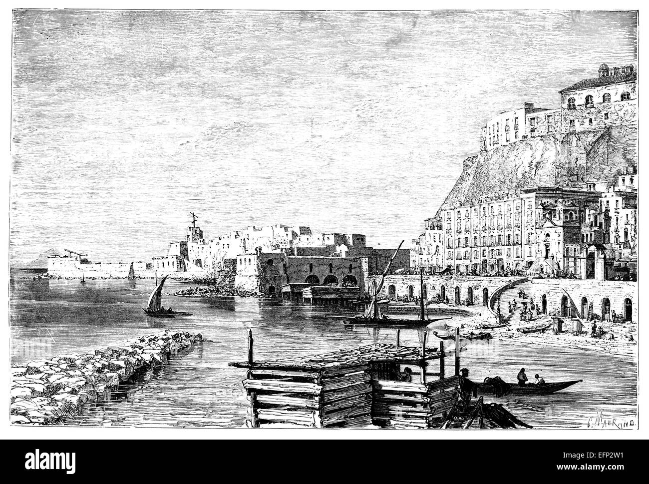 19th century engraving of Naples harbour, Italy Stock Photo - Alamy