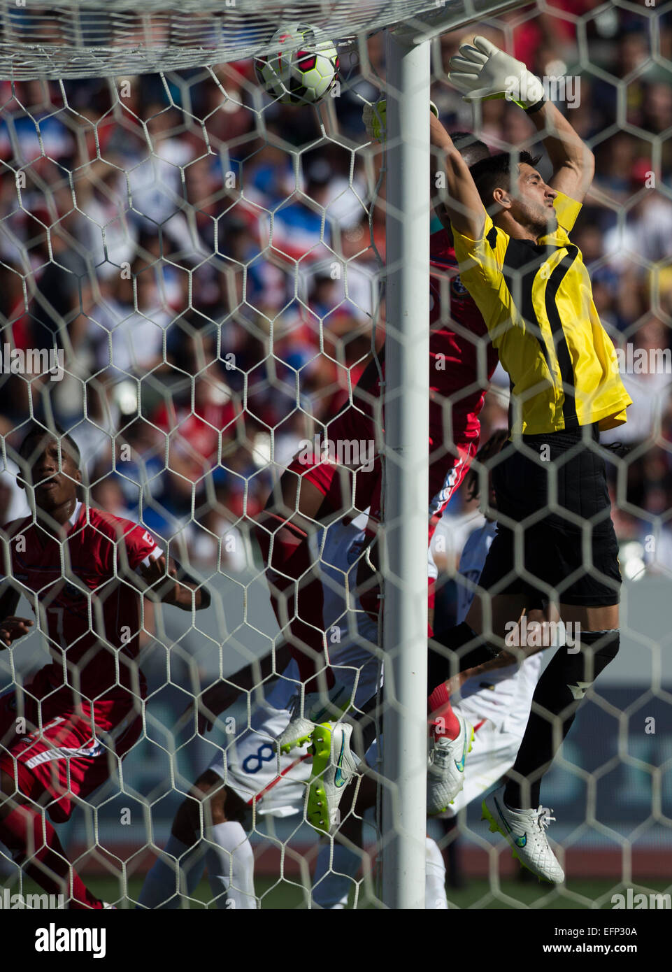 Carson City, US. 8th Feb, 2015. Jaime Penedo (R), goalkeeper of Panama, fails to save a goal during a soccer friendly match between the US and Panama in Carson City, the US, Feb. 8, 2015. The US won 2-0. Credit:  Yang Lei/Xinhua/Alamy Live News Stock Photo