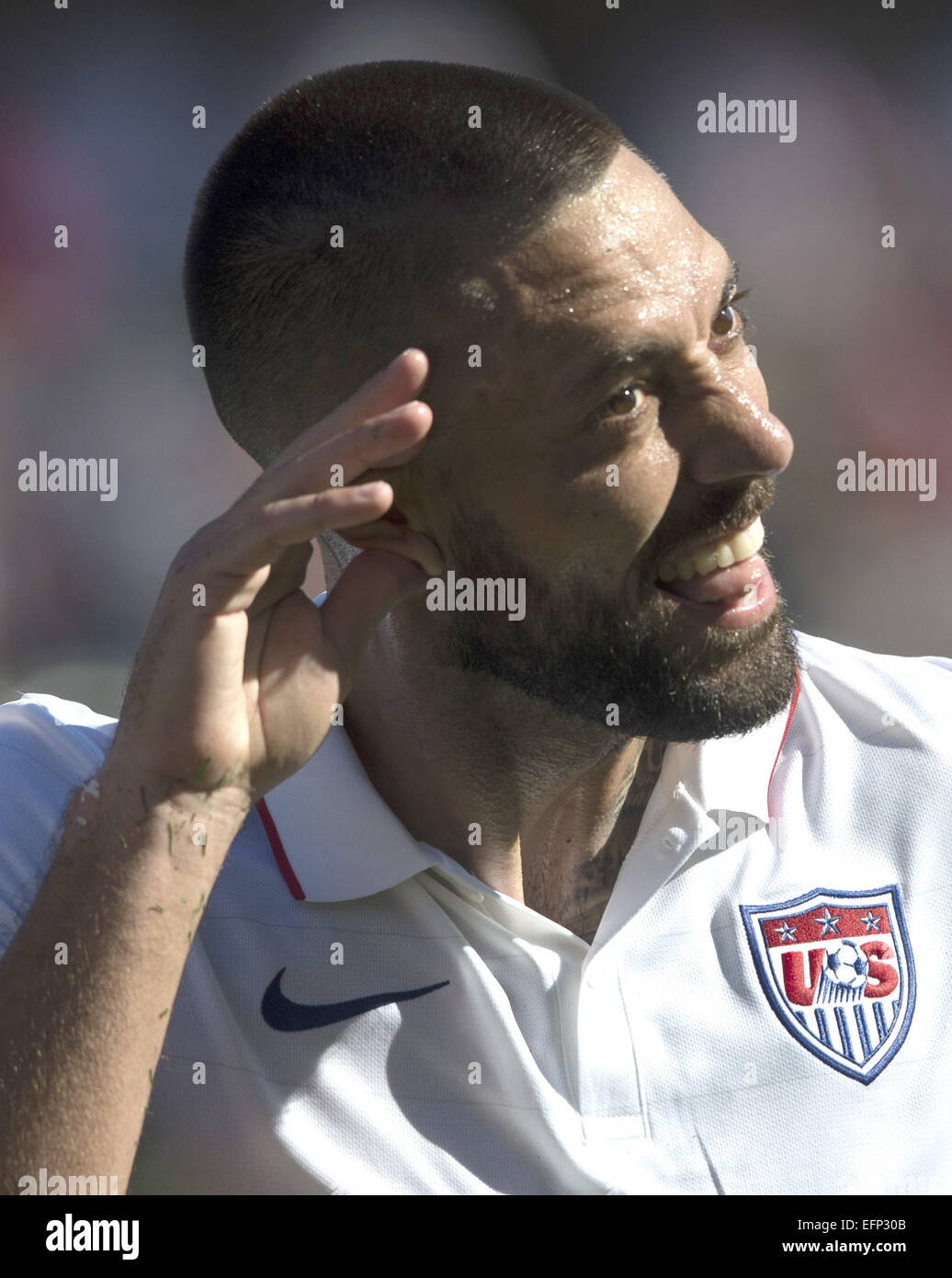 Carson City, US. 8th Feb, 2015. Clint Dempsey of the United States celebrates after scoring against Panama during a soccer friendly match in Carson City, the US, Feb. 8, 2015. The US won 2-0. Credit:  Yang Lei/Xinhua/Alamy Live News Stock Photo