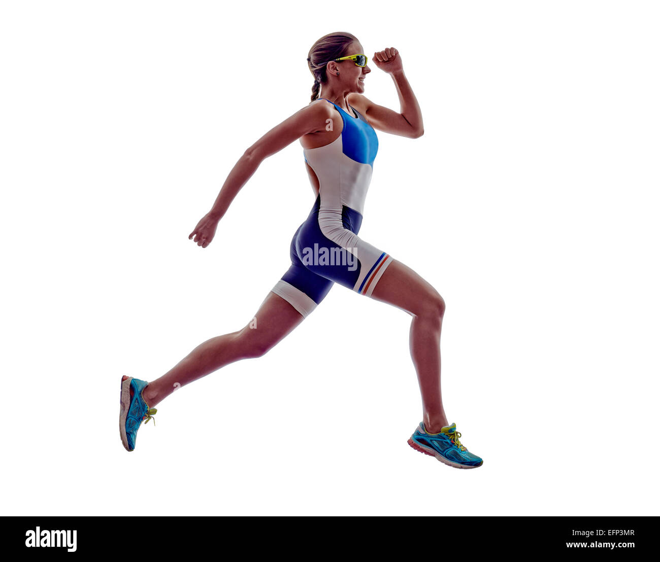 woman triathlon ironman athlete runner running on white background