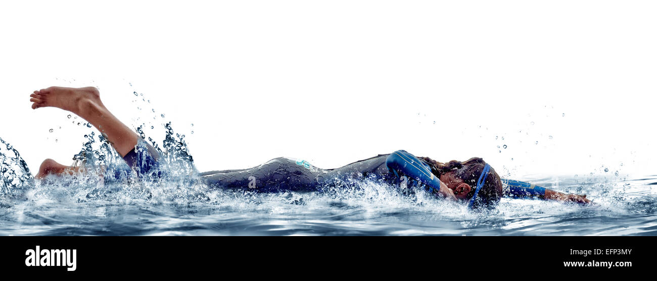 woman triathlon ironman athlete  swimmers on white background Stock Photo