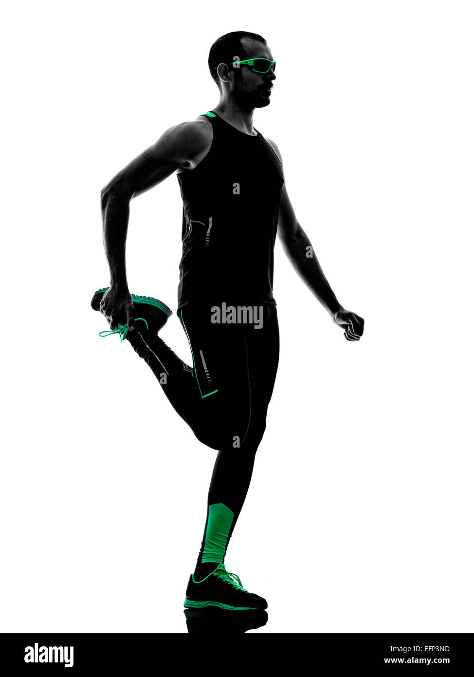 one man exercising fitness stretching warming up in silhouette isolated ...