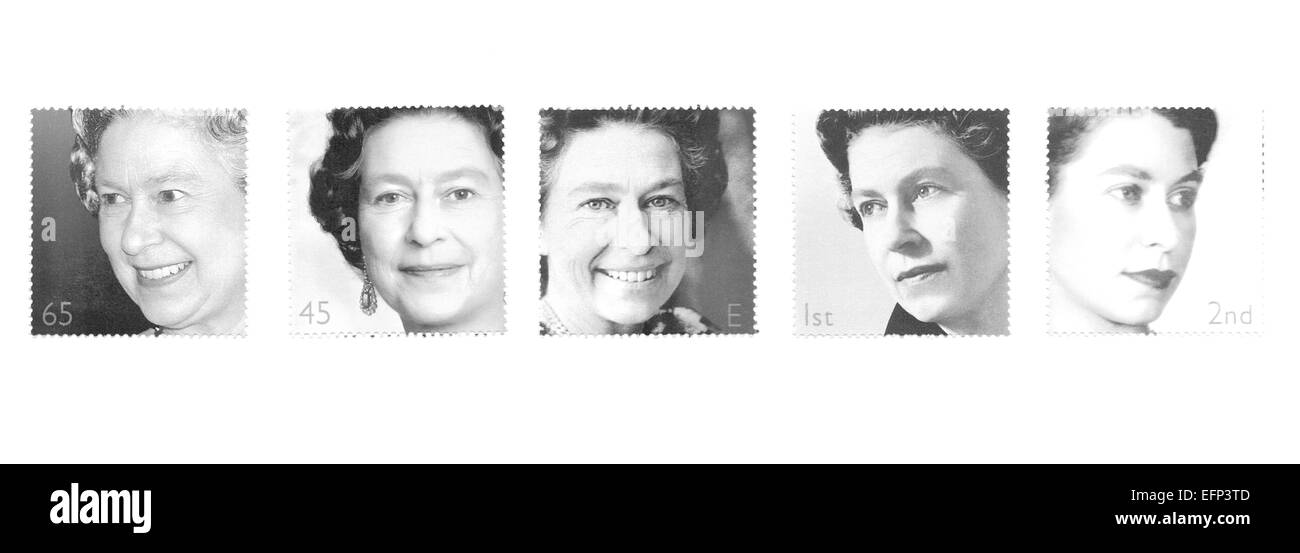 Queen Elizabeth, Stamps - London - 1951-2001: Queen Elizabeth Assortment of Birthday Stamps printed in London, UK Stock Photo