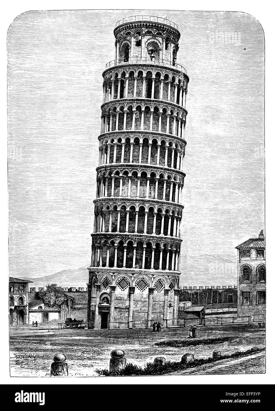 19th century engraving of Leaning Tower of Pisa, Italy Stock Photo