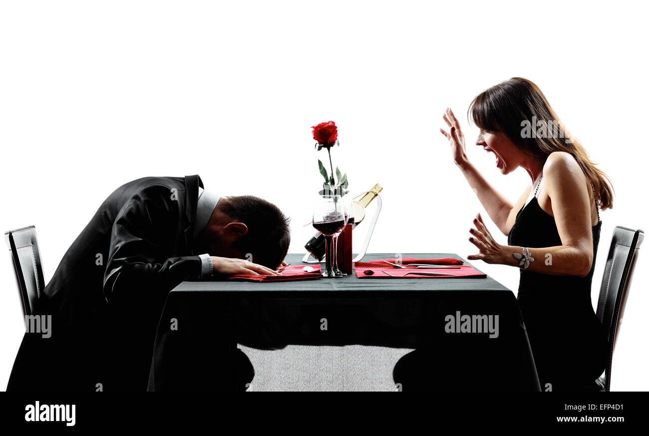 couples dinning heart attack dead collapsing in silhouettes on white background Stock Photo