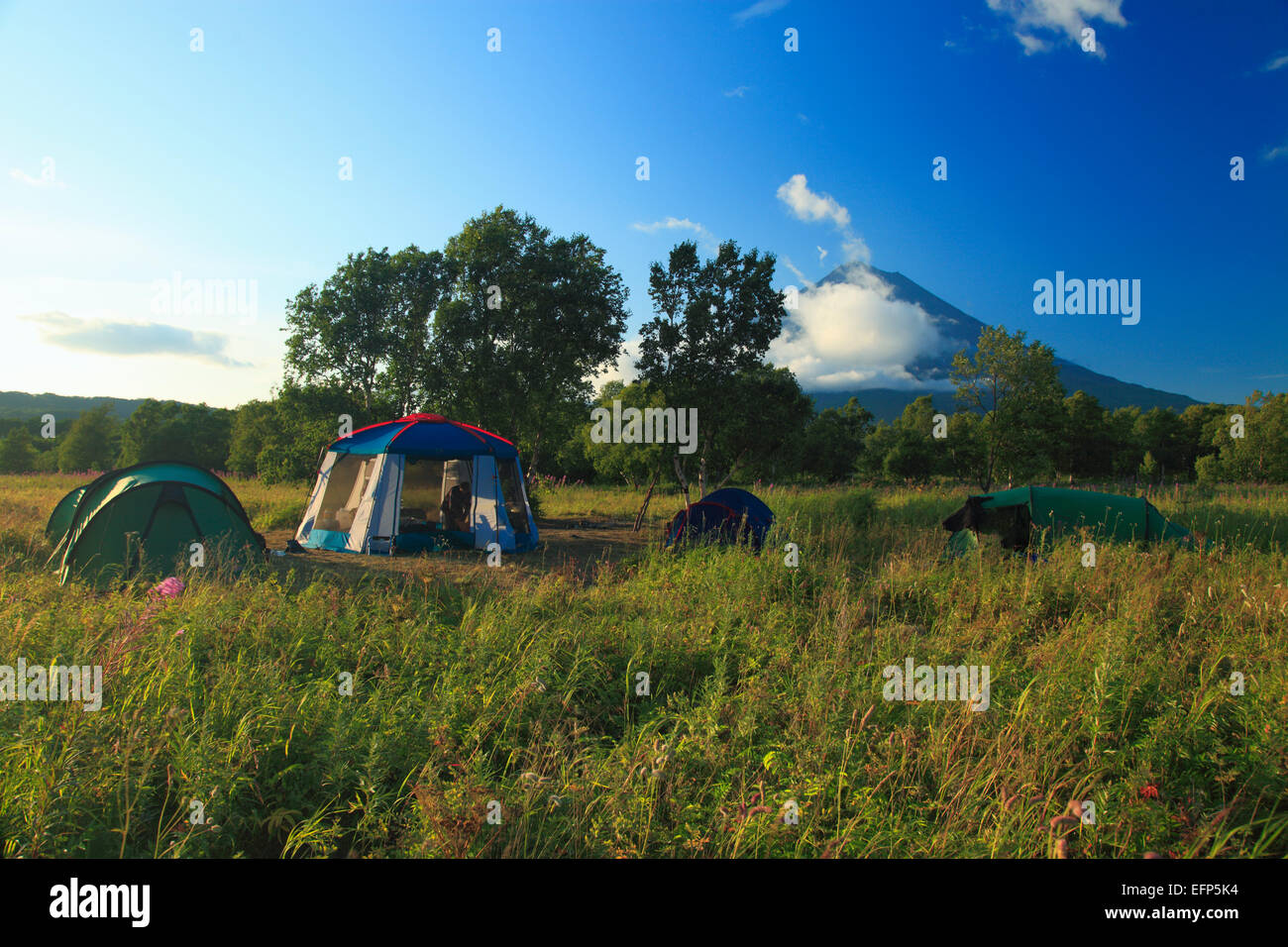 Tourist tent, Opala river, Kamchatka Peninsula, Russia Stock Photo