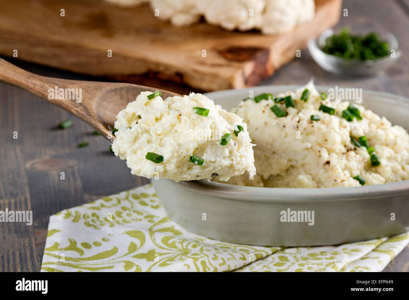 Mashed Cauliflower recipe prepared as a low carb alternative to mashed potatoes Stock Photo
