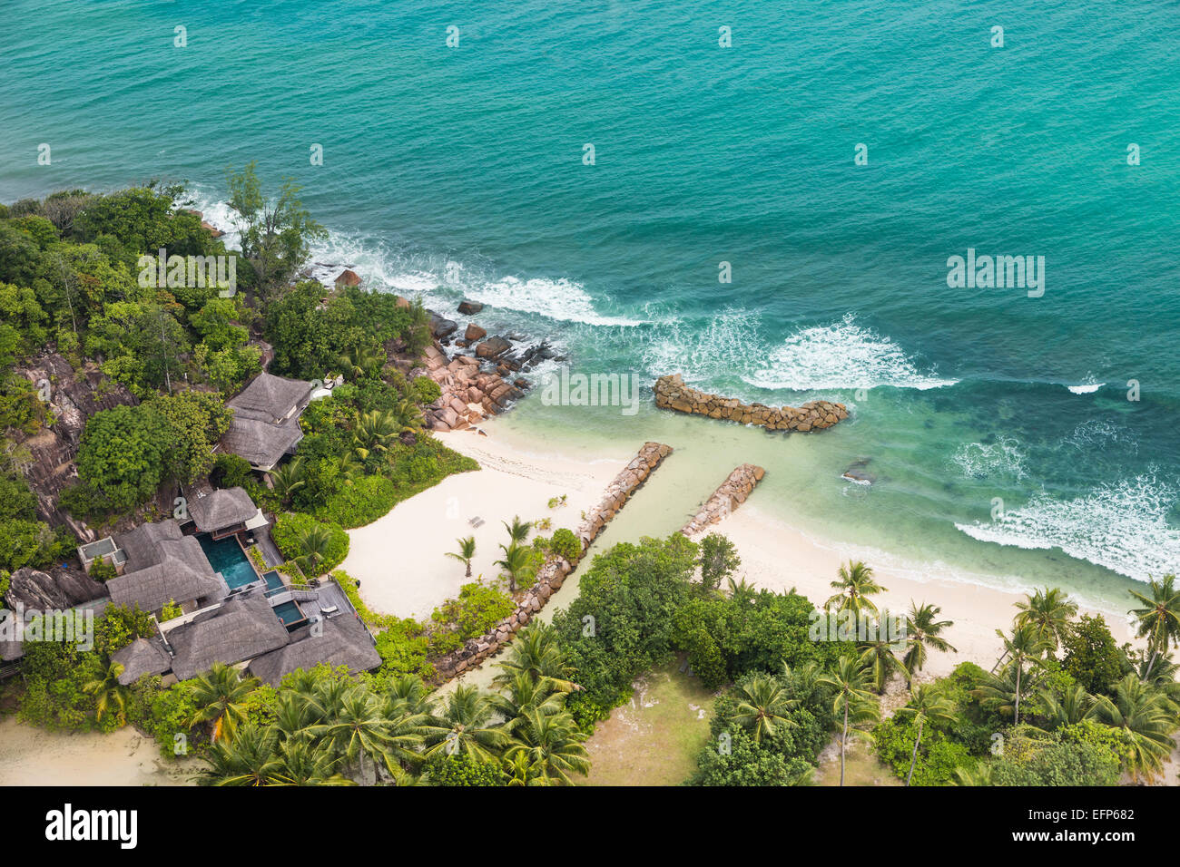 Aerial view of a Praslin hotel resort on the beach, Seychelles Stock Photo