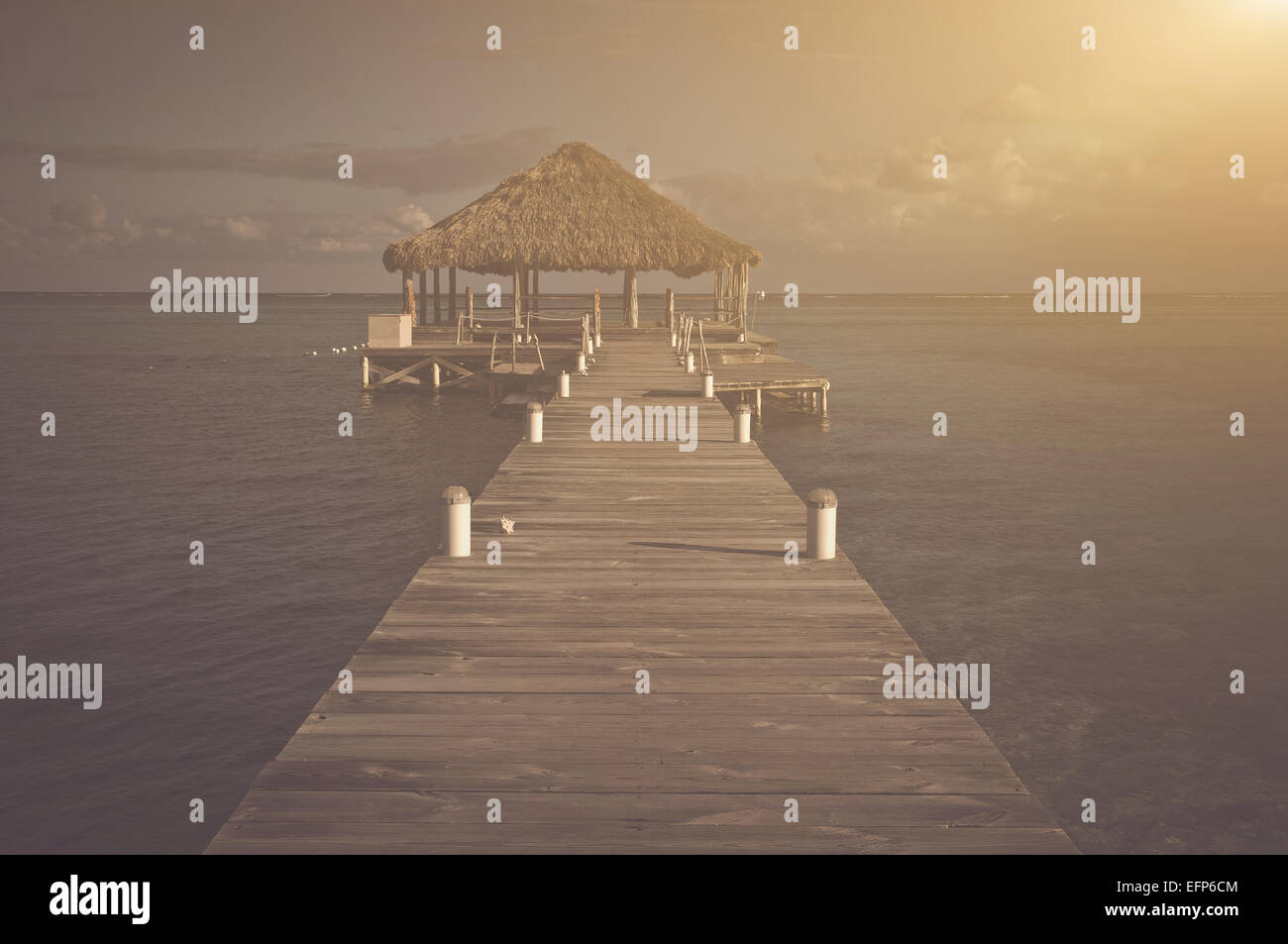 Vintage Beach Deck with Palapa floating in the water Stock Photo