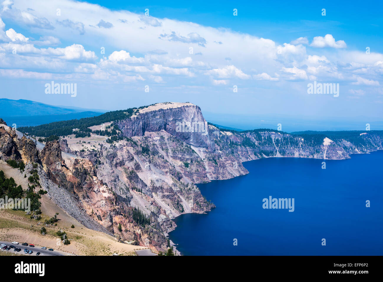 View of Llao Rock and the western rim of Crater Lake. Crater Lake National Park, Oregon, United States. Stock Photo