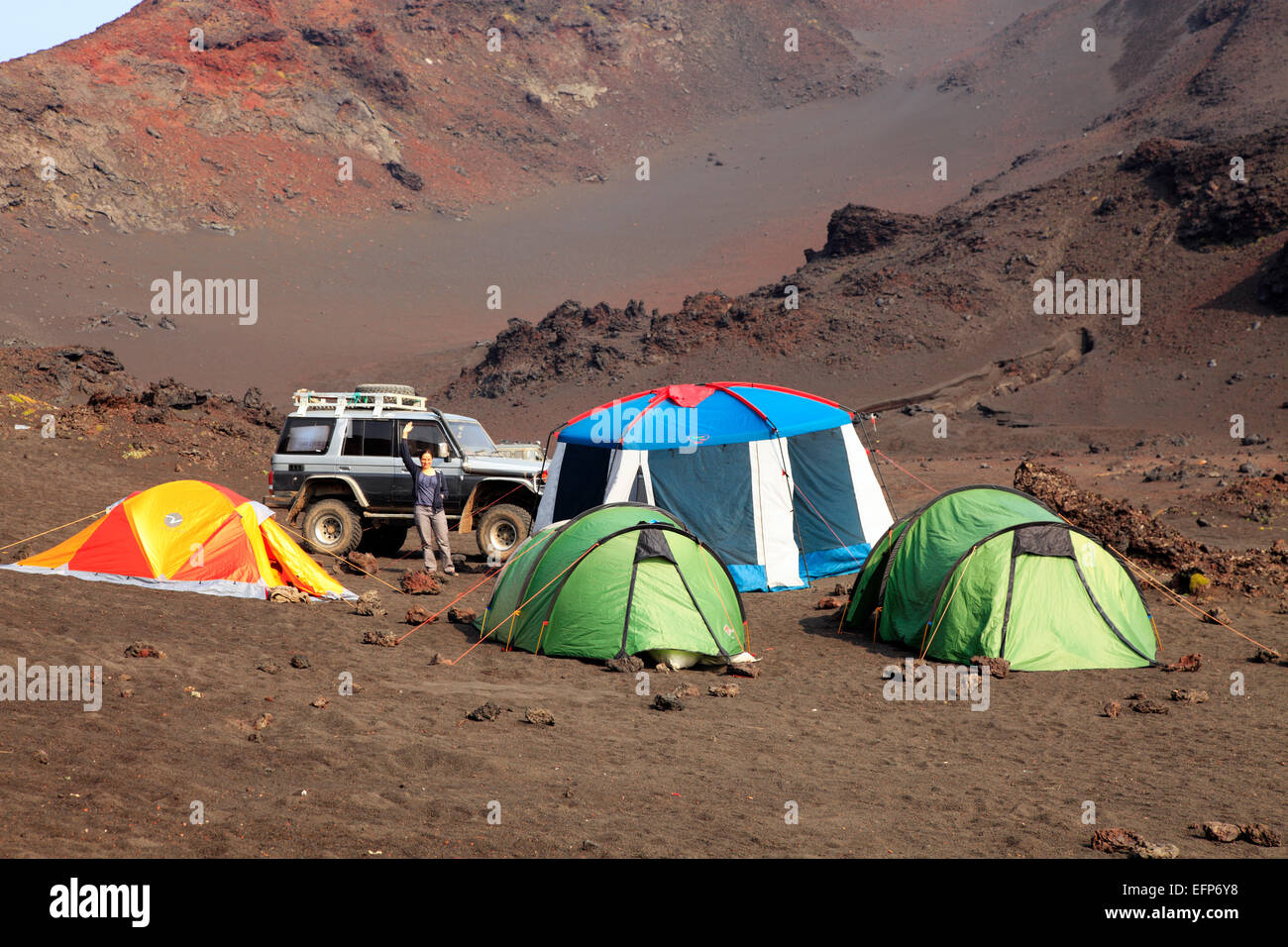 Tourist camp near Tolbachik volcano, Kamchatka Peninsula, Russia Stock Photo