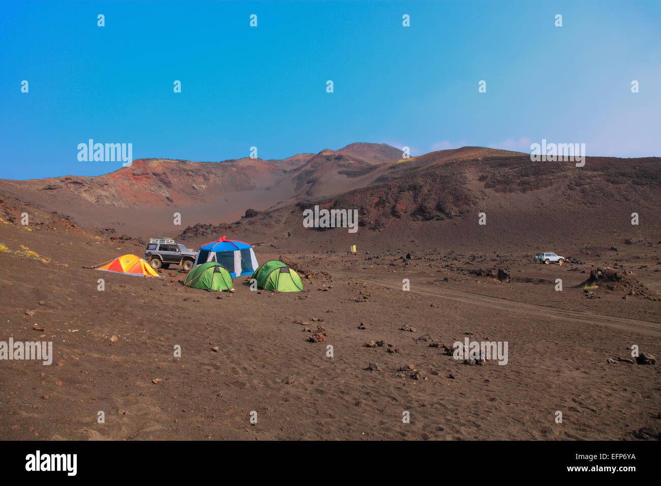 Tourist camp near Tolbachik volcano, Kamchatka Peninsula, Russia Stock Photo