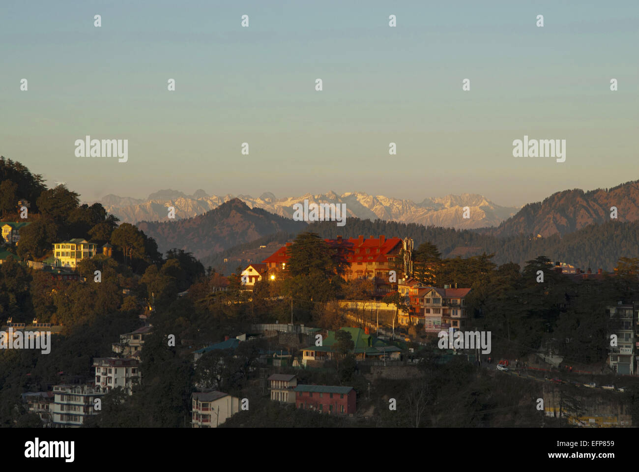 General-View showing houses and hilltops at the far end. Shimla Himachal Pradesh, India Stock Photo