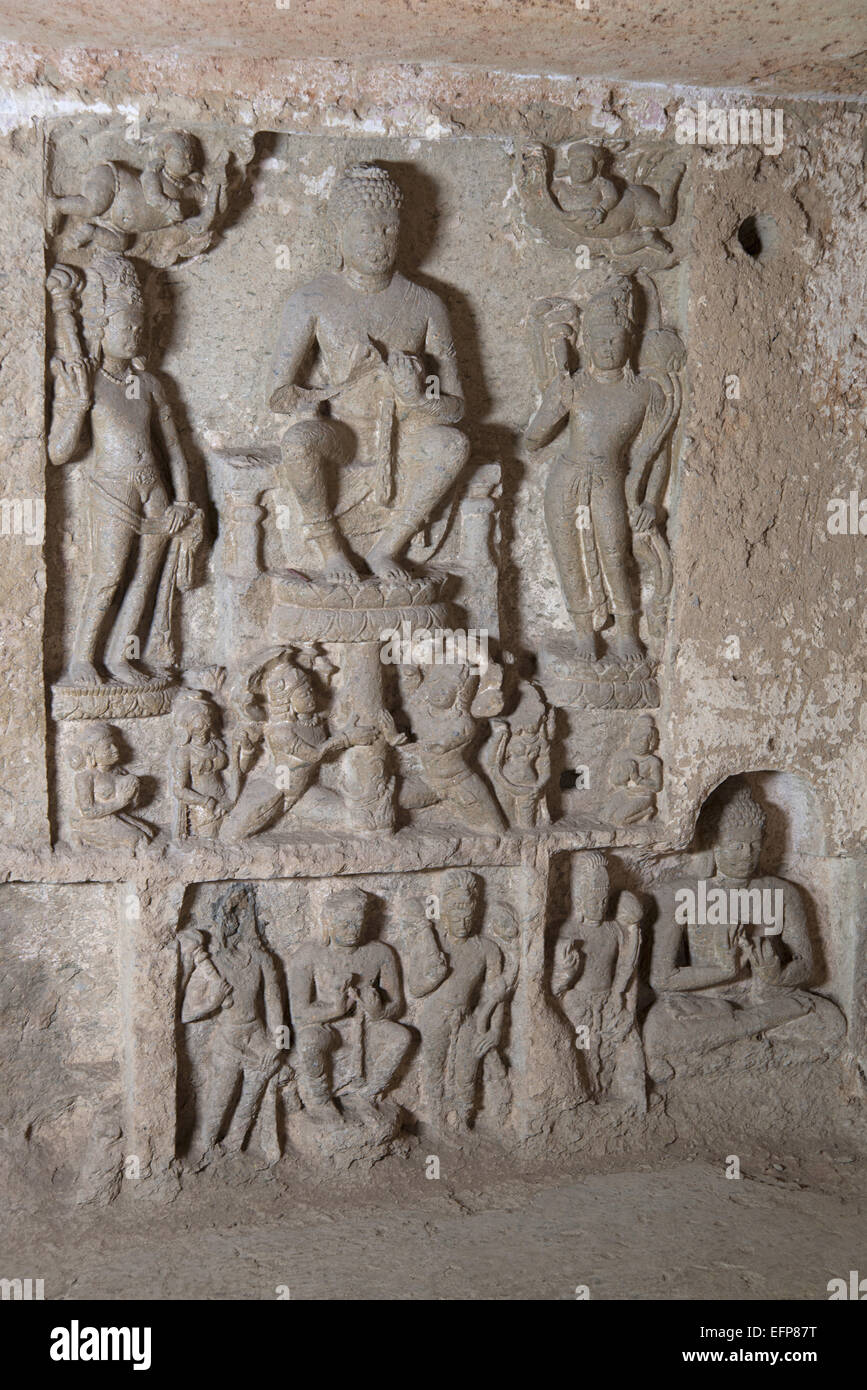 Cave 90 Miracle of Sravasti panel on the left wall. Kanheri Caves Borivali, Mumbai, India. Stock Photo