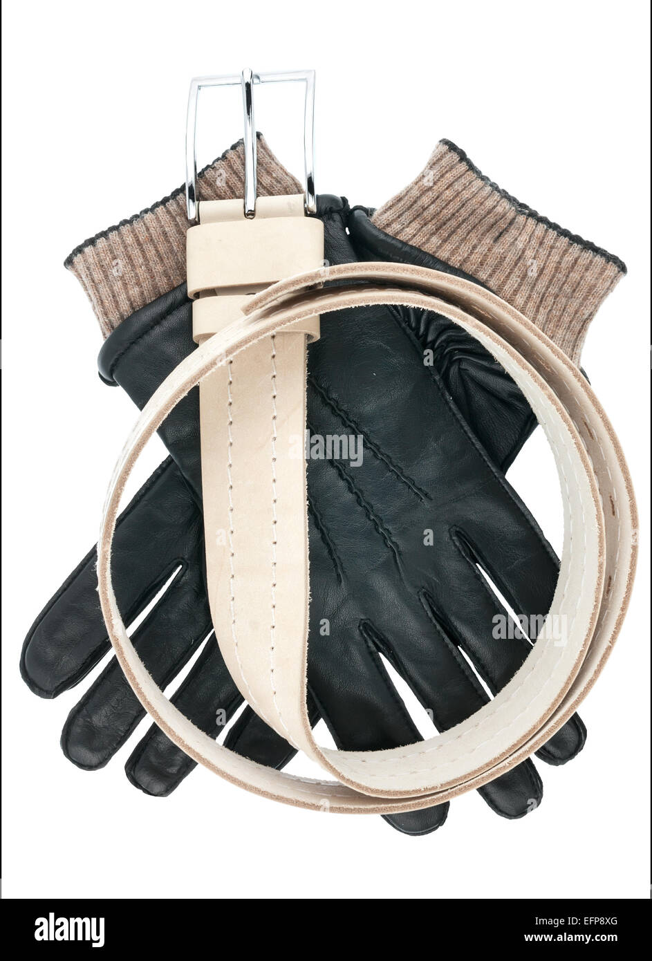 Men's  belt and gloves isolated on white background Stock Photo