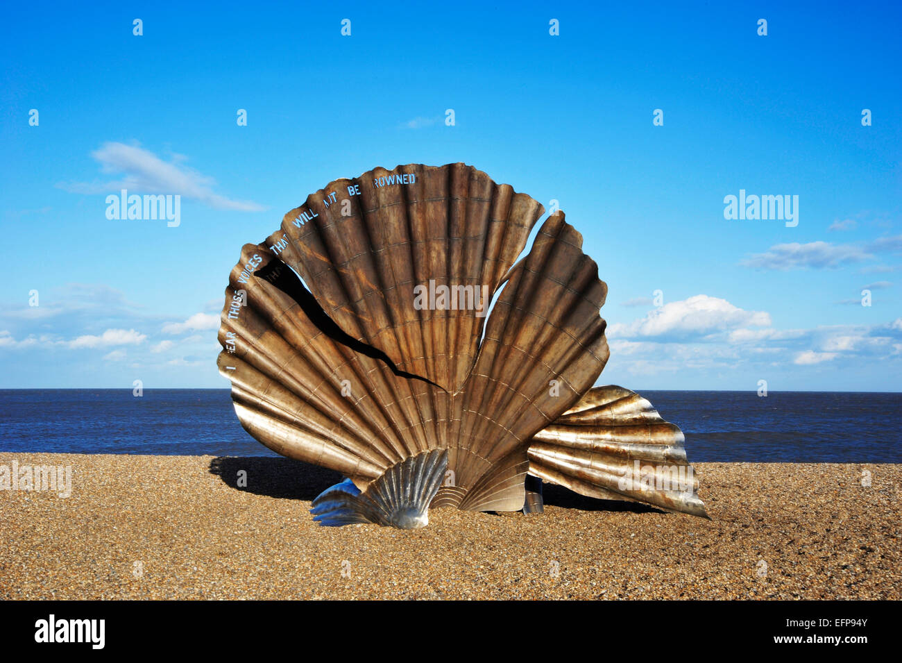 The scallop shell sculpture designed by Maggi Hambling, made by Sam Pegg, Dennis Pegg, on Aldeburgh, beach, Suffolk, England. Stock Photo