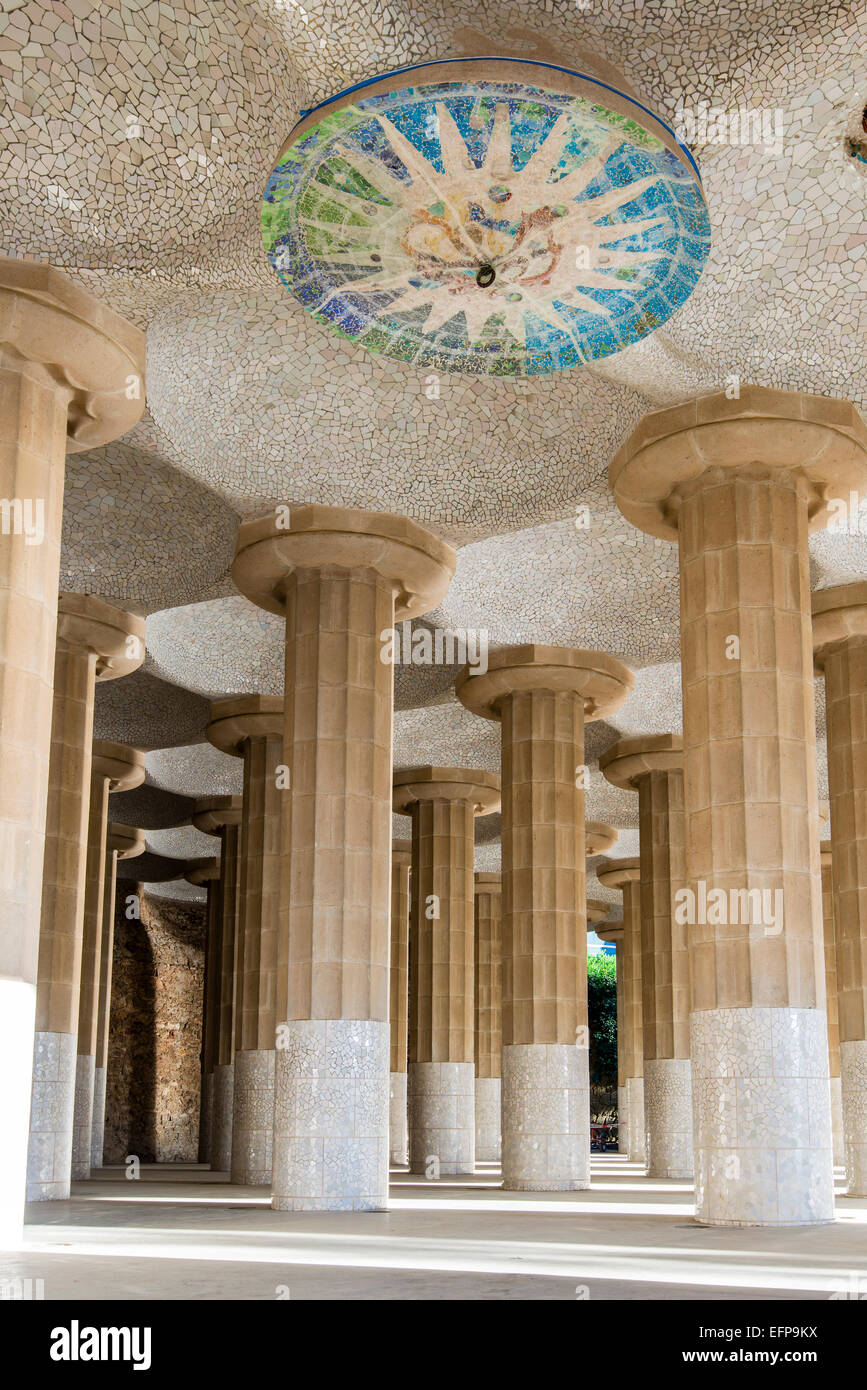Ceiling multicolored mosaic in the Hypostyle Room at Park Guell or Parc Guell, Barcelona, Catalonia, Spain Stock Photo