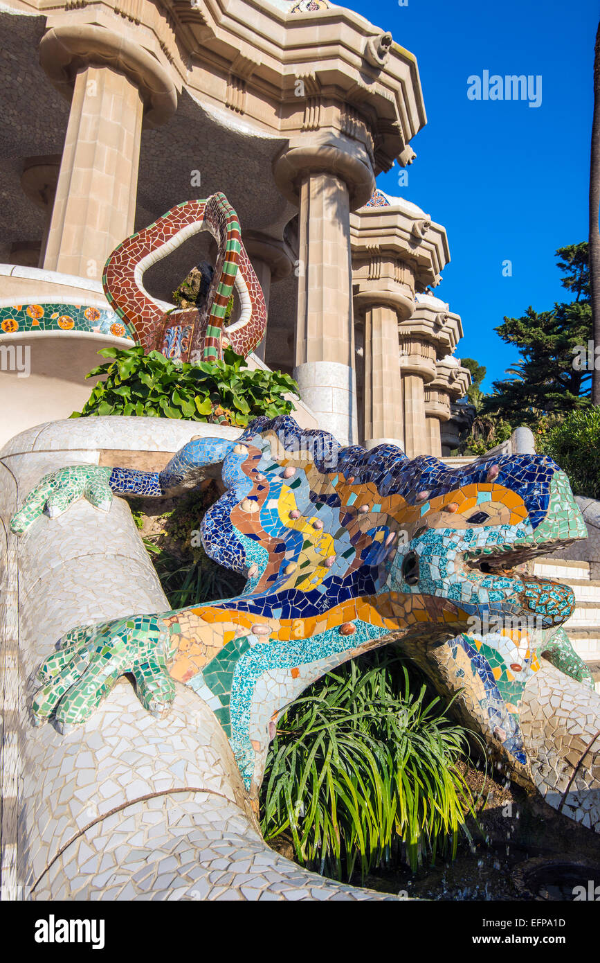 Multicolored mosaic salamander fountain known also as el drac or dragon at Park Guell or Parc Guell, Barcelona, Catalonia, Spain Stock Photo