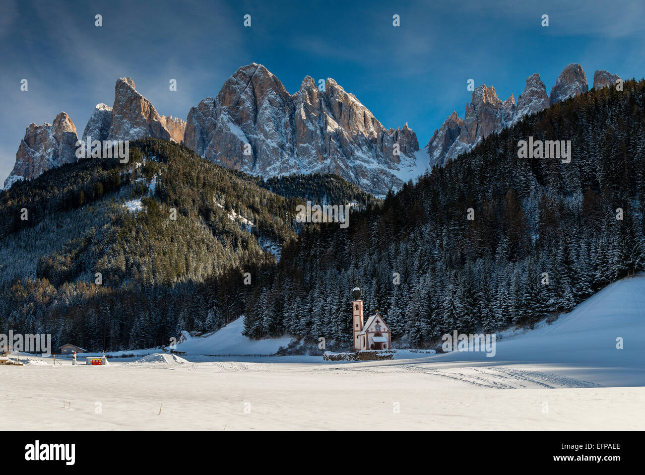 Winter View Of St Johann In Ranui Church With Puez Geisler Dolomites Stock Photo Alamy