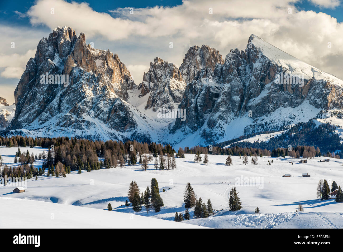 Scenic Winter View Of Seiser Alm Alpe Di Siusi With Sassolungo 