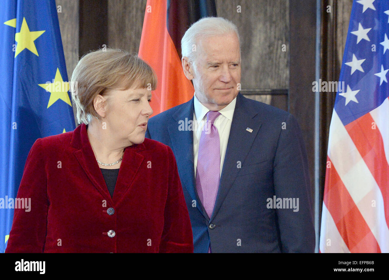 Munich, Germany. 7th Feb, 2015. German Chancellor Angela Merkel (CDU, L) and US Vice President Joe Biden attend the 51st Munich Security Conference in Munich, Germany, 7 February 2015. Photo: Andreas Gebert/dpa/Alamy Live News Stock Photo
