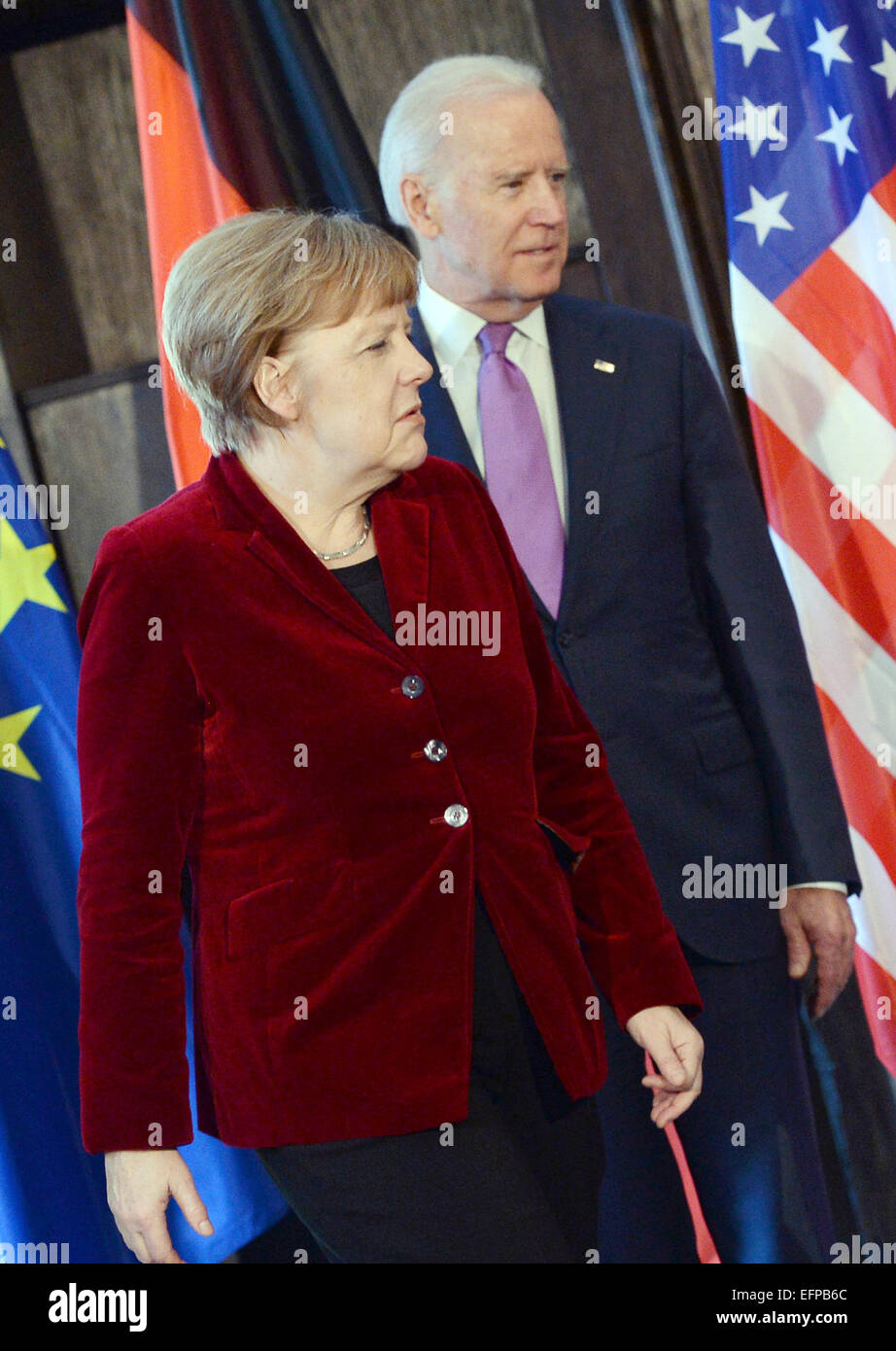 Munich, Germany. 7th Feb, 2015. German Chancellor Angela Merkel (CDU, L) and US Vice President Joe Biden attend the 51st Munich Security Conference in Munich, Germany, 7 February 2015. Photo: Andreas Gebert/dpa/Alamy Live News Stock Photo