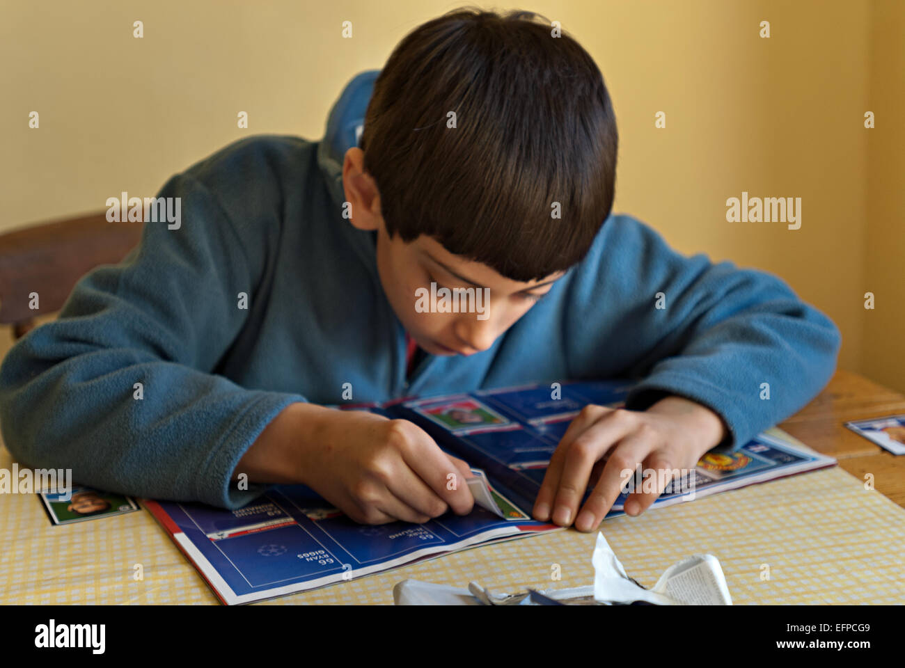 Intensive concentration and engagement with sticking football players into a hobby book by young child Stock Photo