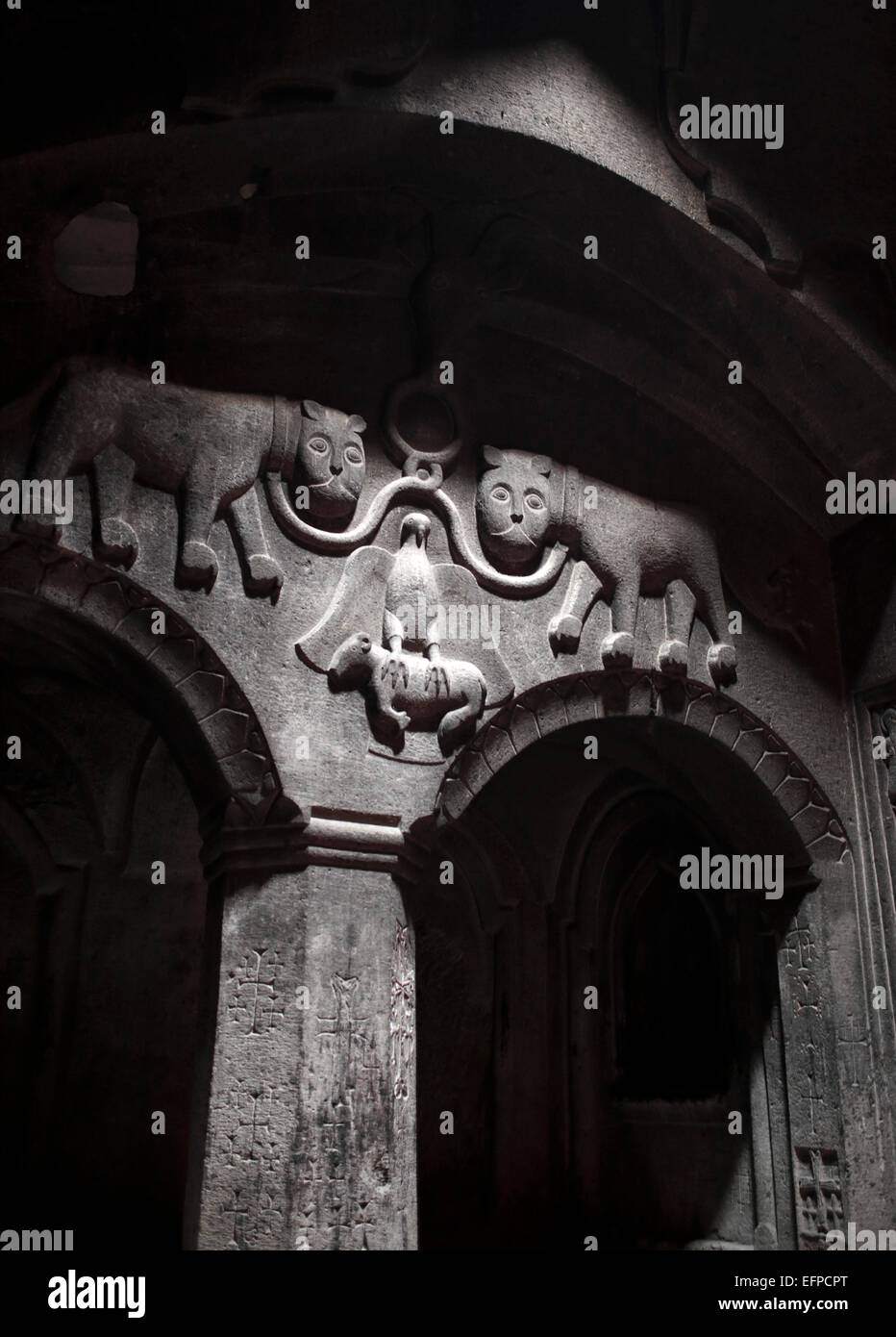 Interior of Katoghike Chapel (1215), Geghard monastery, Geghardavank, Kotayk Province, Armenia Stock Photo