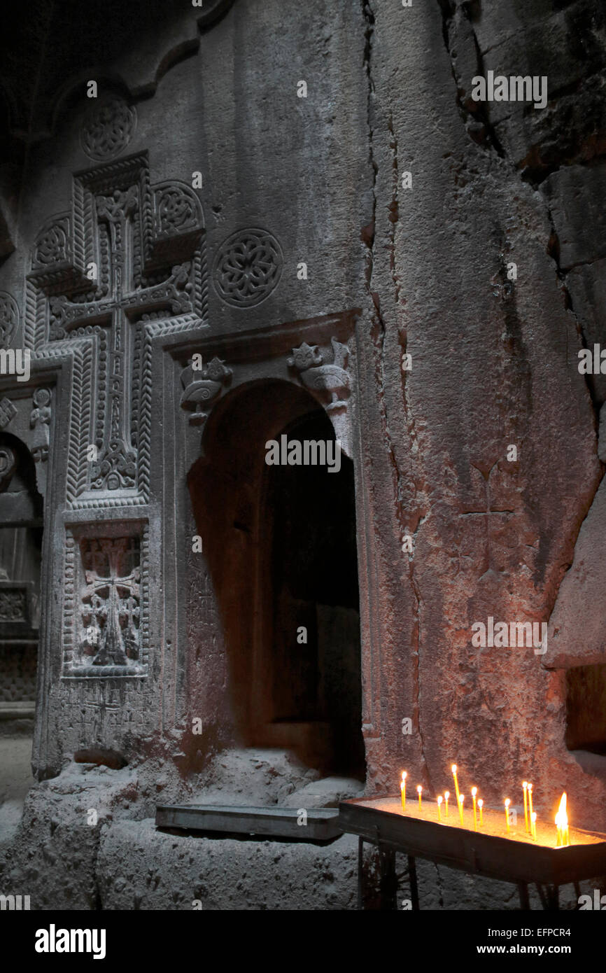 Interior of Katoghike Chapel (1215), Geghard monastery, Geghardavank, Kotayk Province, Armenia Stock Photo