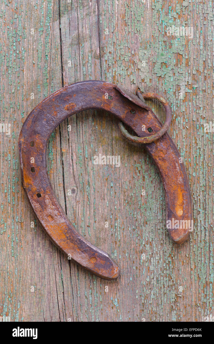 old horseshoe on wood Stock Photo