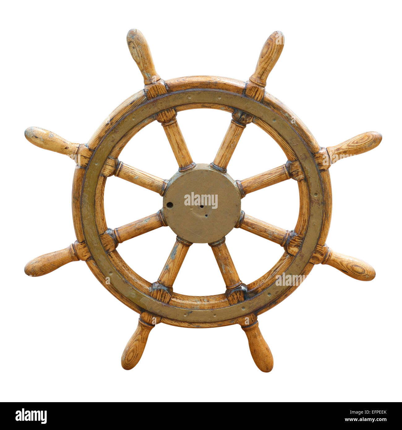Old wooden steering wheel on the boat Stock Photo