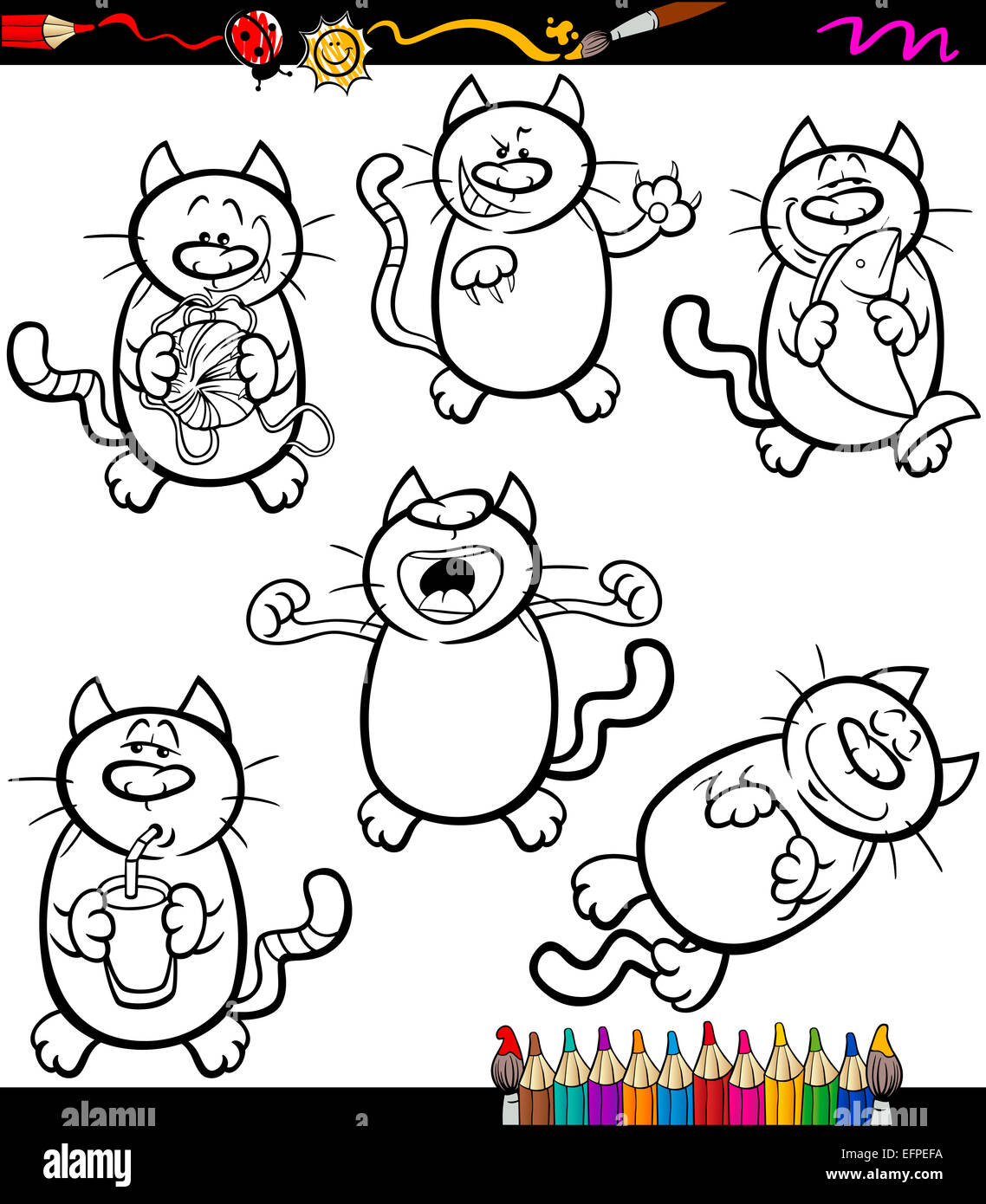 Coloring Book or Page Cartoon Illustration of Black and White Funny Cats Set Stock Photo