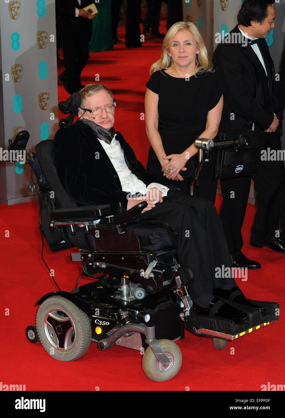 London, UK. 8th February, 2015. Stephen Hawking and Jane Wilde arrive at the 67th annual EE British Academy Film Awards, Baftas, at Royal Opera House in London, Great Britain, on 08 February 2015. Photo: Hubert Boesl /dpa - NO WIRE SERVICE - Credit:  dpa picture alliance/Alamy Live News Stock Photo