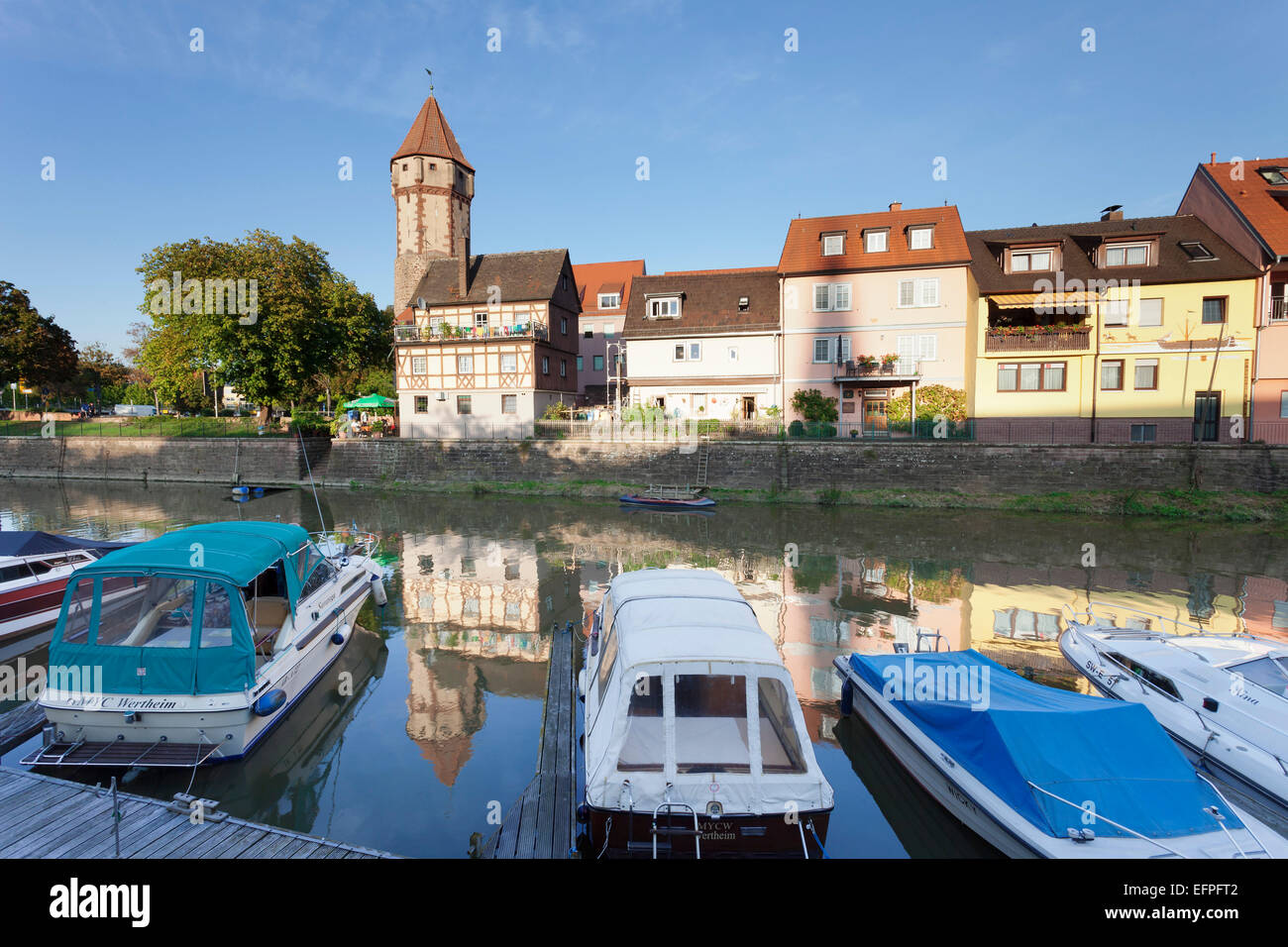 Old town with Spitzer Turm Tower, Tauber River, Wertheim, Main Tauber District, Baden-Wurttemberg, Germany, Europe Stock Photo