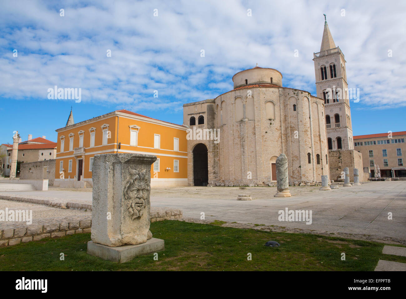 Roman forum, Church of St. Donatus and the spire of St. Anastasia Cathedral, Zadar, Dalmatia, Croatia, Europe Stock Photo