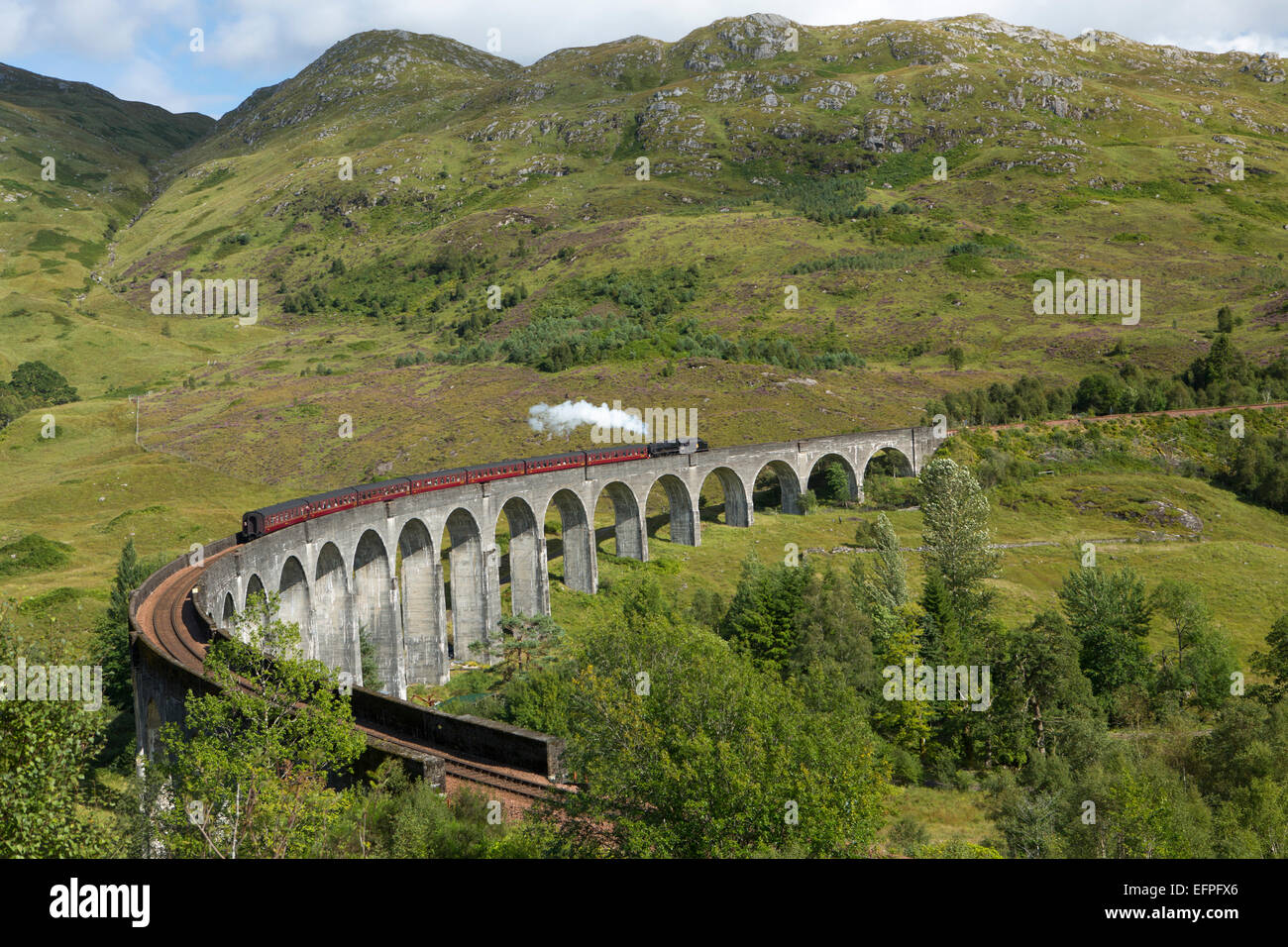 The Jacobite steam train on the Glenfinnan Viadust on the Fort William to Mallaig Railway, Highlands, Scotland, United Kingdom Stock Photo