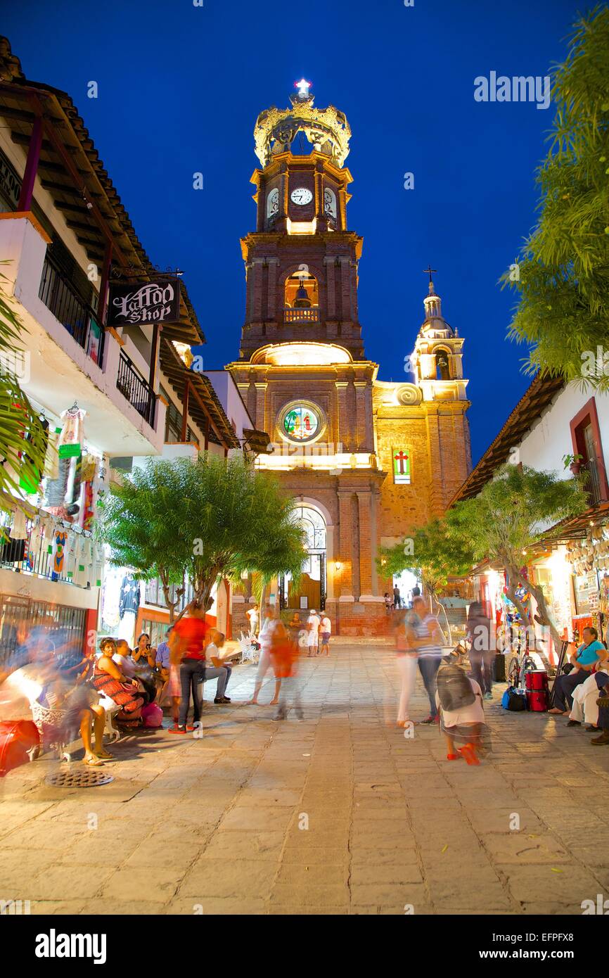 View of Parroquia de Guadalupe (Church of Our Lady of Guadalupe) at dusk, Downtown, Puerto Vallarta, Jalisco, Mexico Stock Photo