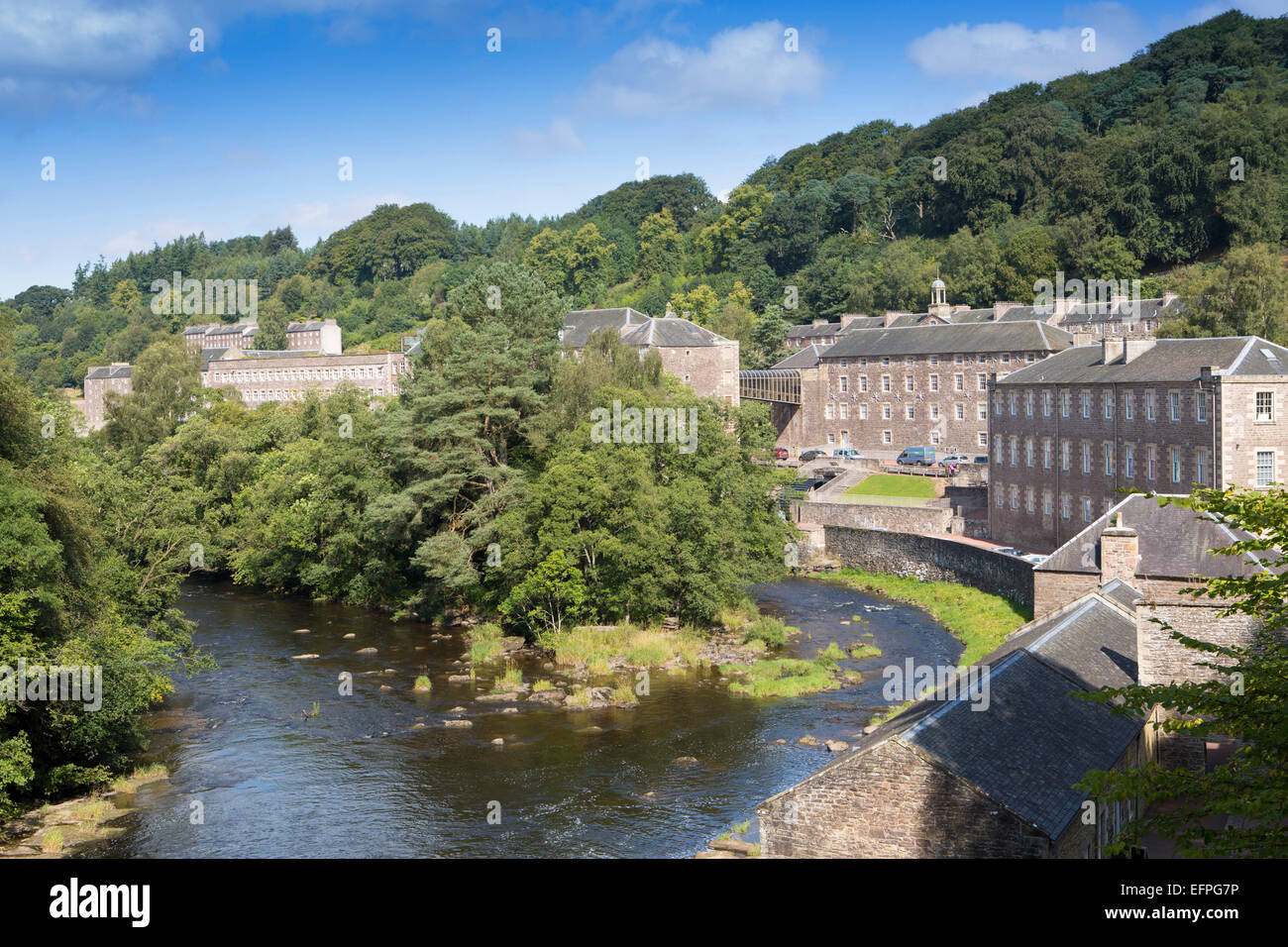 View of the town of New Lanark, UNESCO World Heritage Site, and the Clyde River, Lanarkshire, Scotland, United Kingdom, Euope Stock Photo