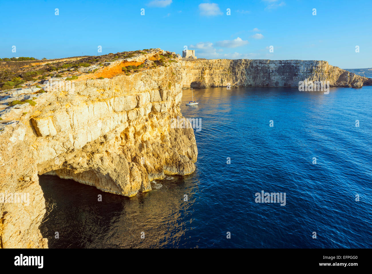 Cliff top watch tower, Comino island, Malta, Mediterranean, Europe Stock Photo