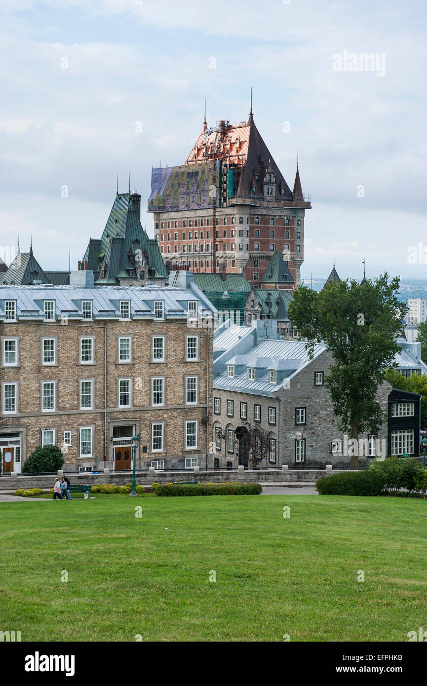 View from the fortifications over Quebec City and the Chateau Frontenac, Quebec, Canada, North America Stock Photo