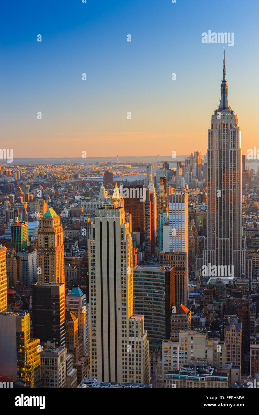 Manhattan view at sunset from Top of the Rock at Rockefeller Plaza. Stock Photo