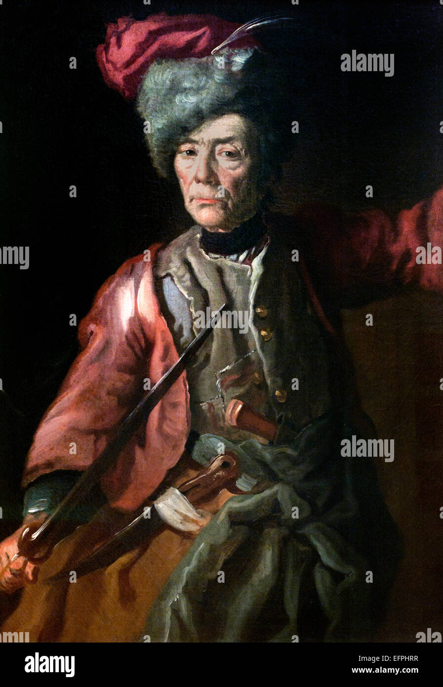 Portrait of an elderly woman in hussar uniform 1737 Johann Georg Dathan  1701 - 1749 German Germany Stock Photo