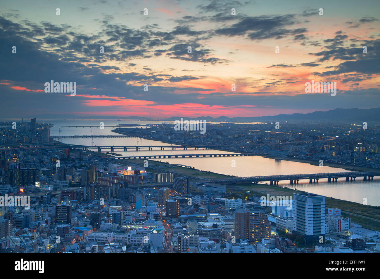 View of Yodo River and Osaka Bay at sunset, Osaka, Kansai, Japan, Asia Stock Photo