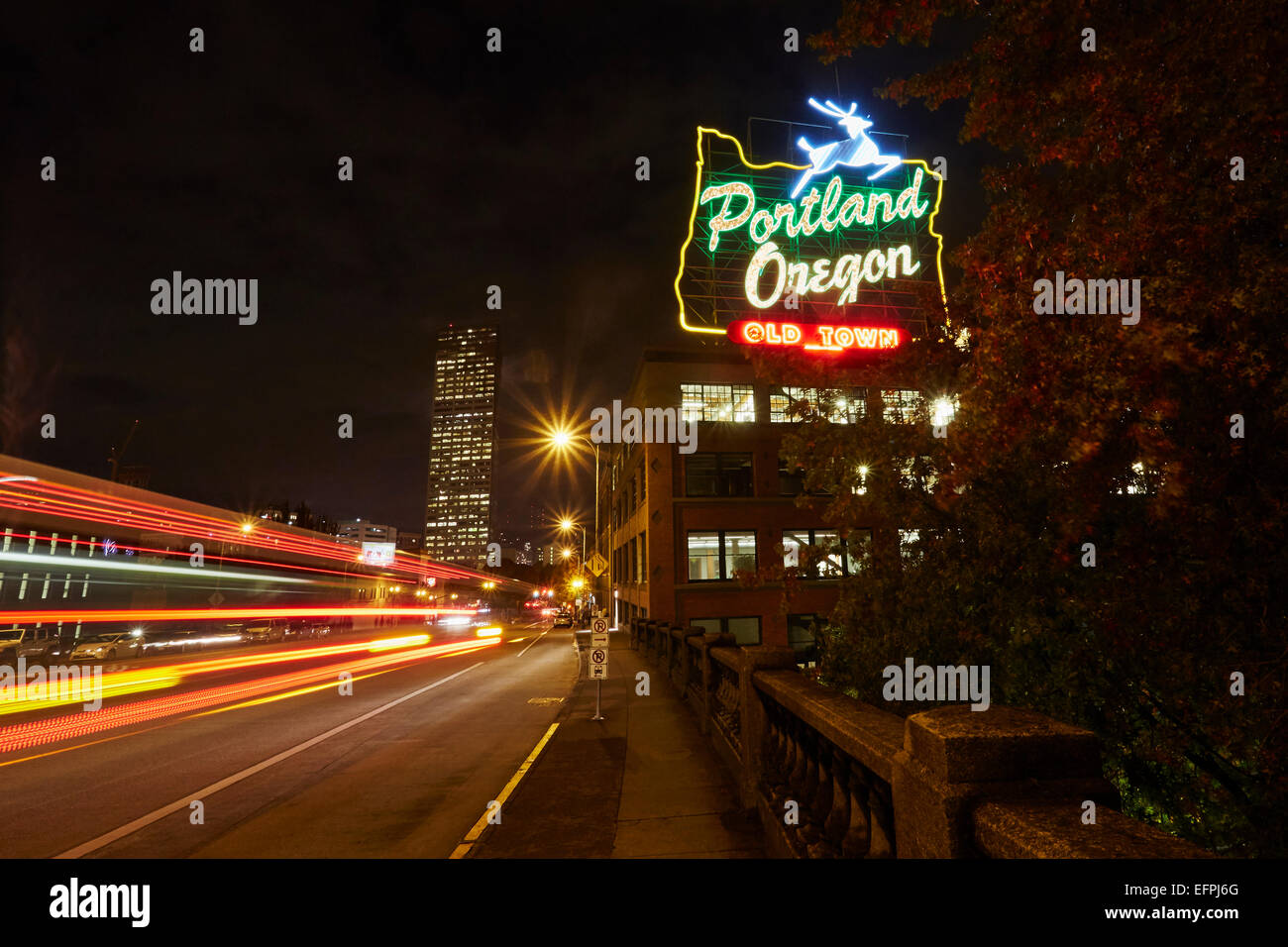 Highway and neon sign at night, Portland, Oregon, USA Stock Photo Alamy