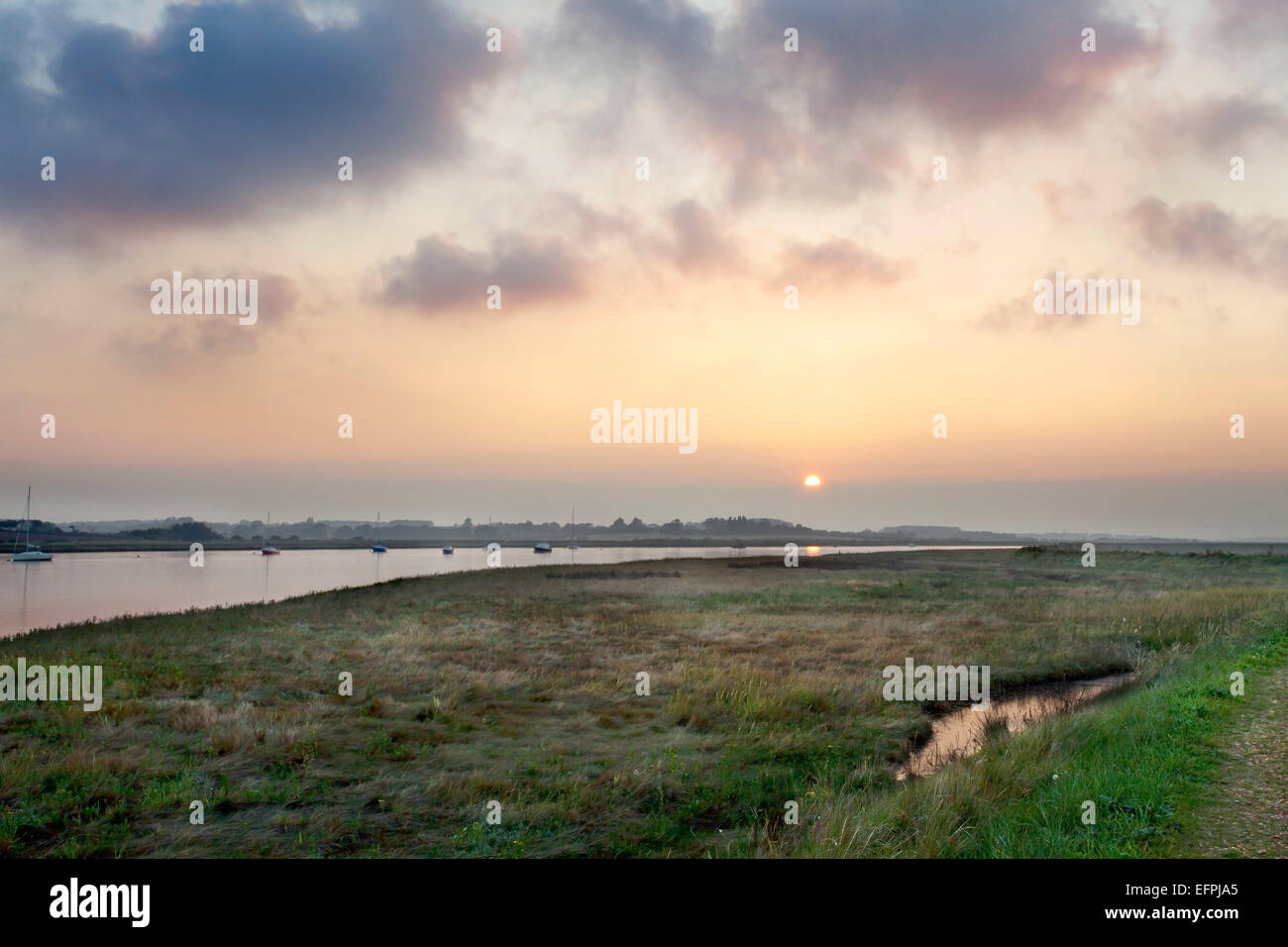 The River Alde at Sunset Aldeburgh Marshes, Suffolk, England, United Kingdom, Europe Stock Photo