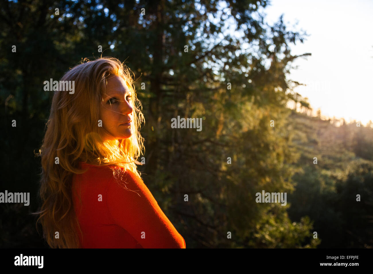 Mid adult woman looking over her shoulder in mountain forest at sunset, Palomar, California, USA Stock Photo