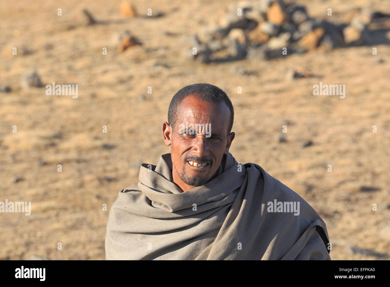 Local man, View of highlands near Dilbe, Amhara region, Ethiopia Stock Photo