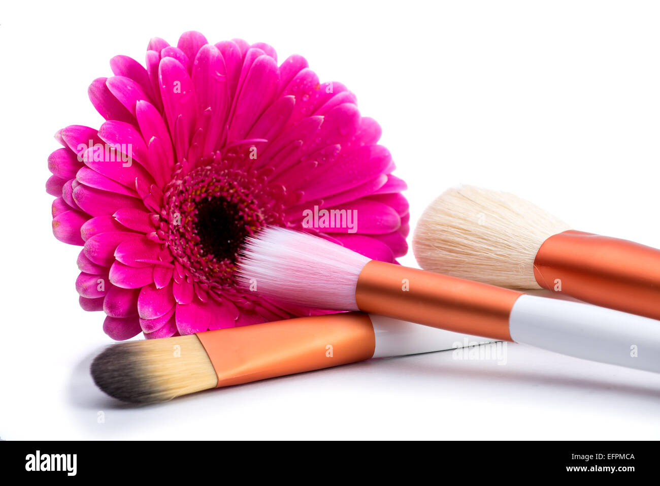 Brushes for make-up  with  big pink flower Stock Photo