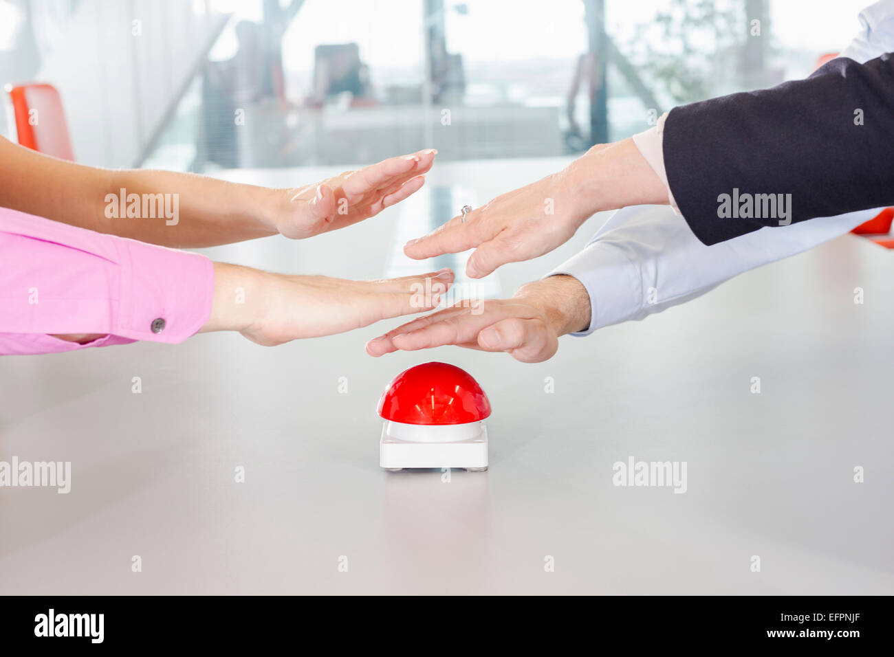 Hands Pressing Red Button Stock Photo Alamy